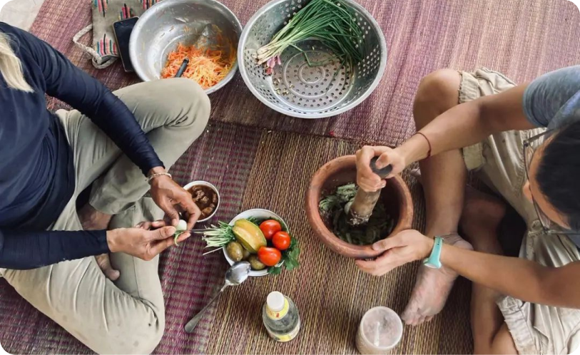 Grains in baskets and vegan dish with rice