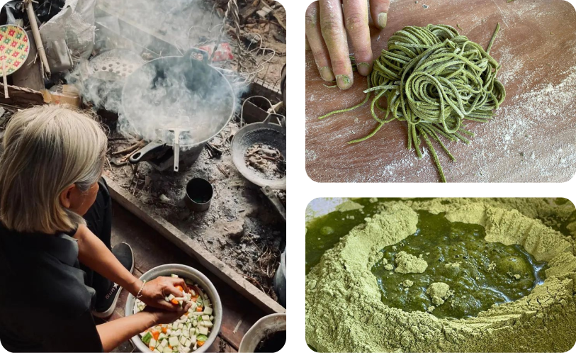 Person cooking vegan food & Moringa pasta picturs